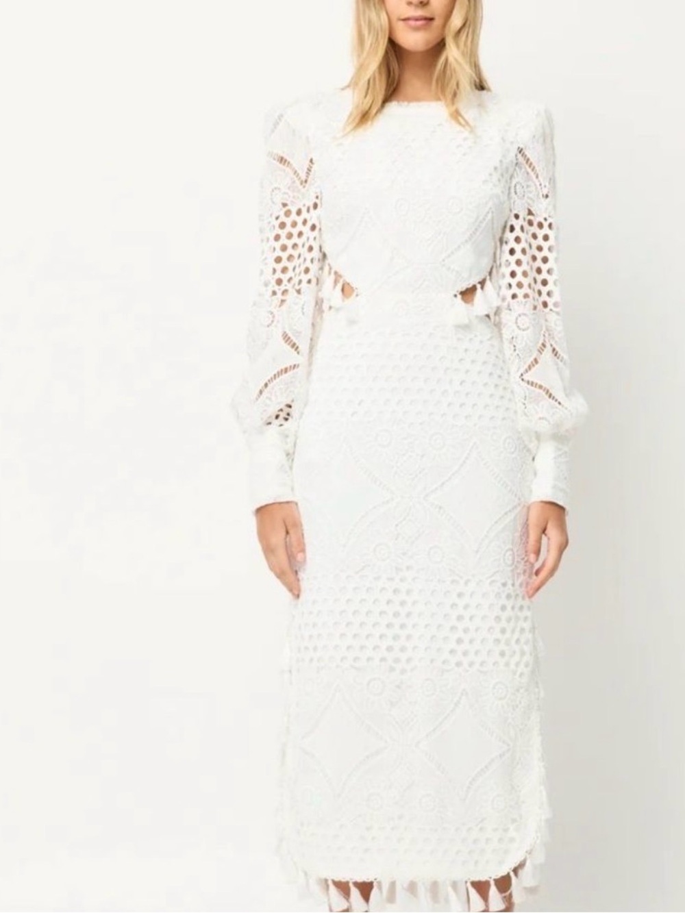 Elliatt White Lace Midi Dress with Long Balloon Sleeves